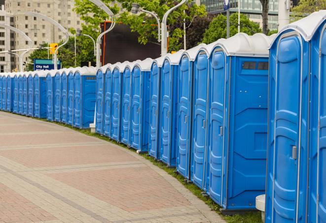 multiple portable restrooms in a neat and tidy row in Aguanga